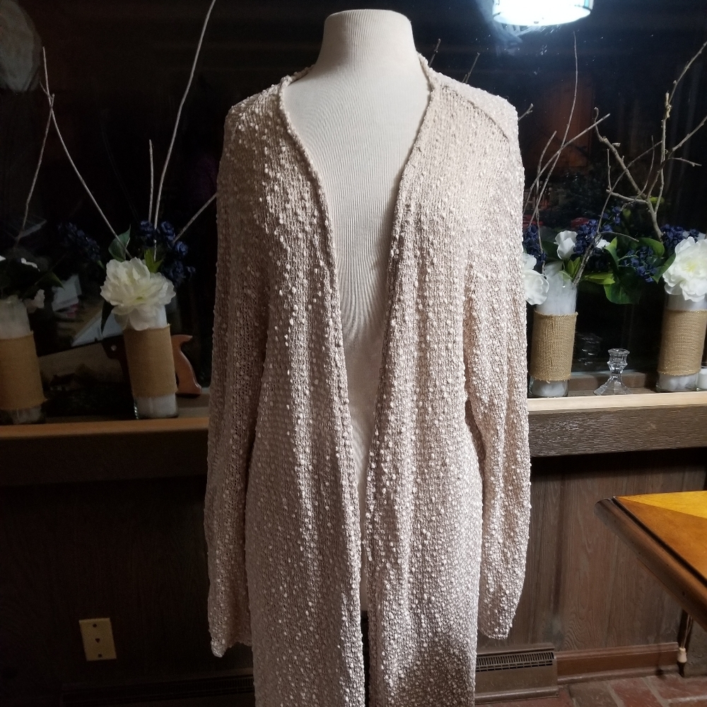Long cardigan sweater with lace sleeve accent 28w